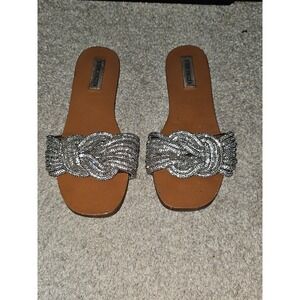 Steve Madden Adore SIlver Rhinestone Flat Sandals, Size 9.5